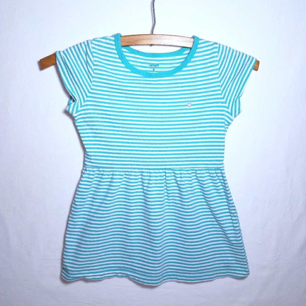 Carter's Teal Striped Empire Waist Cap Sleeve T-shirt Girls Sz 6 EUC